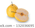 A whole and a half ripe sweet chinese pears isolated on white background. 132036695