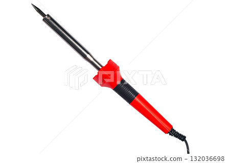 Top view of a new red handle soldering iron isolated on white background. Top view of a new red handle soldering iron isolated on white background. 132036698