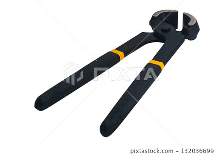 High angle view of new single metallic carpenters pincers isolated on white background. 132036699