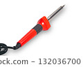 High angle view of new modern red handle soldering iron with black cable isolated on white background. 132036700