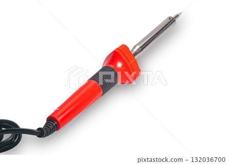 High angle view of new modern red handle soldering iron with black cable isolated on white background. 132036700