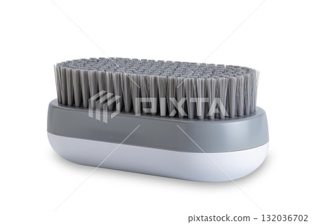 White and grey plastic oval shape laundry brush isolated on white background. White and grey plastic oval shape laundry brush isolated on white background. 132036702