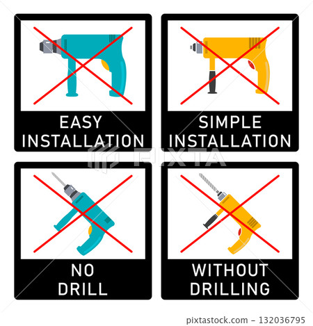 No drill, without drilling, easy installation, simple installation icon with power drill symbol. Crossed out vector clipart and sign. Design template for website elements, tag, sticker and other use. No drill, without drilling, easy installation, simple installation icon with power drill symbol. Crossed out vector clipart and sign. Design template for website elements, tag, sticker and other use. 132036795