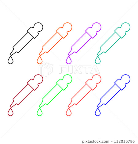 Pipette dropper with a drop. Set of colorful bright vector illustrations and icons in line style. Linear outline.  132036796
