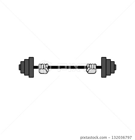 Hands lifted barbell weight. Isolated outline vector illustration on white background. 132036797