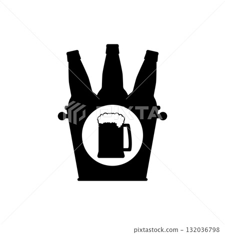 Beer bottles in a bucket with beer mug icon. Black silhouette on white background. Isolated vector editable template. 132036798
