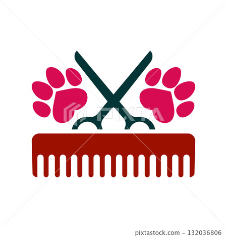 Dog grooming logo design template. Dog paw prints with comb and scissors. Vector clipart and drawing. Isolated illustration on white background. Dog grooming logo design template. Dog paw prints with comb and scissors. Vector clipart and drawing. Isolated illustration on white background. 132036806