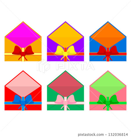 Opened gift envelope with ribbon and bow. Set of colored bright vector illustrations. Opened gift envelope with ribbon and bow. Set of colored bright vector illustrations. 132036814