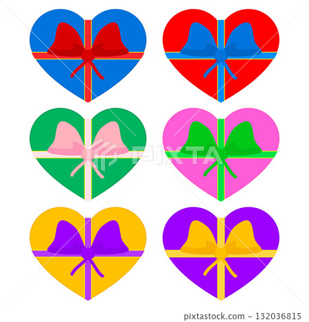 Heart wrapped in a gift ribbon with a bow. Set of colored bright vector illustrations. Editable template. 132036815