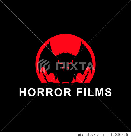 Horror films logo with monster illustration. Vector drawing on black background. 132036826