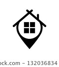 Rural house and location symbol. Icon and logo. Vector isolated illustration on white background.  132036834