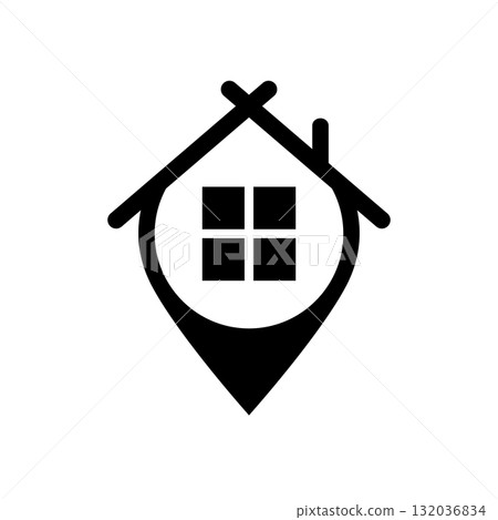 Rural house and location symbol. Icon and logo. Vector isolated illustration on white background.  132036834