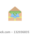 Opened envelope with money and ribbon bow. Paper dollar bills. Vector illustration. 132036835