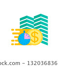 Illustration with money, multi storey residential building, office business building and stopwatch. Real estate and quick sale of apartments with speed symbol. Vector clipart and drawing. 132036836