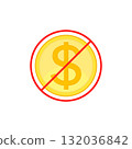 No cost icon, no expense, free of charge. Crossed out and red prohibition sign on dollar coin. Isolated vector illustration on white background. 132036842