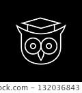 Owl in student academic hat. Education logo and icon. Outline and line style. Simple isolated illustration on black background. 132036843