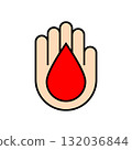 The palm of the hand with a drop of blood. Simple minimal logo and icon design. Isolated vector illustration on white background.  132036844
