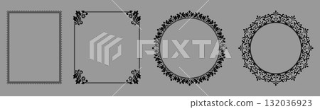 Set of decorative frames Elegant vector element for design in Eastern style, place for text. Floral black and gray borders. Lace illustration for invitations and greeting cards 132036923