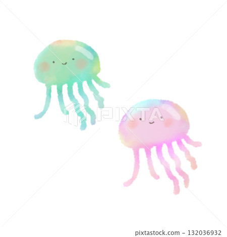 A set of cute jellyfish illustrations painted in watercolor A set of cute jellyfish illustrations painted in watercolor 132036932