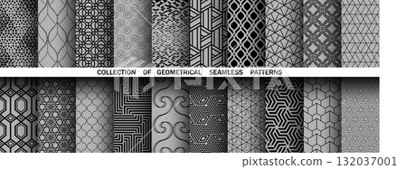 Geometric set of seamless black and gray patterns. Simple vector graphics 132037001