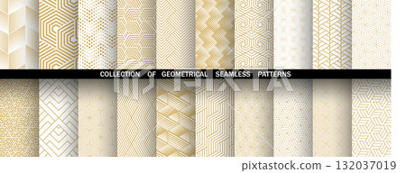 Geometric set of seamless golden and white patterns. Simple vector graphics Geometric set of seamless golden and white patterns. Simple vector graphics 132037019