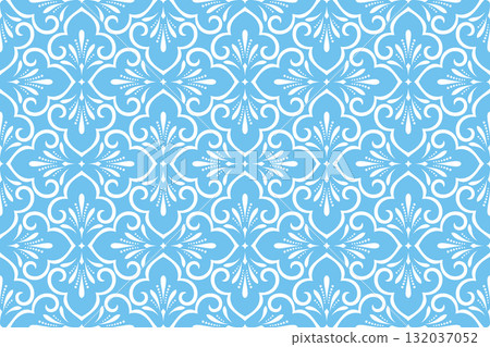 Flower geometric pattern. Seamless vector background. White and blue ornament. Ornament for fabric, wallpaper, packaging. Decorative print 132037052