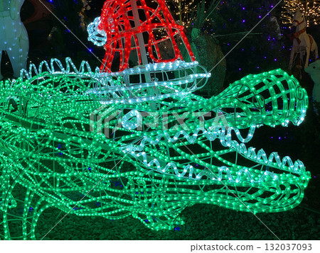 A bright green alligator made of glowing lights decorates a festive Christmas scene. The illuminated reptile adds a tropical twist to holiday celebration. A bright green alligator made of glowing lights decorates a festive Christmas scene. The illuminated reptile adds a tropical twist to holiday celebration. 132037093