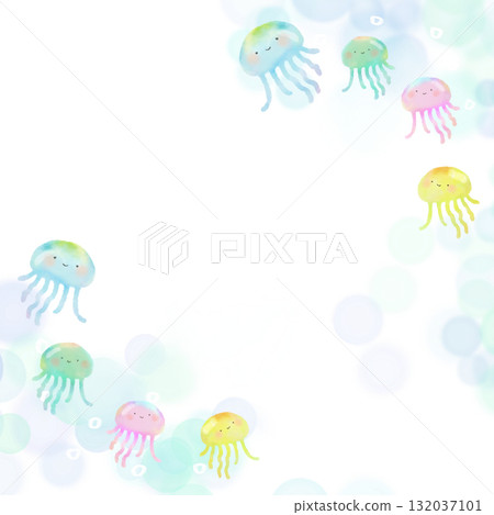 Cute jellyfish illustration frame painted in watercolor 132037101