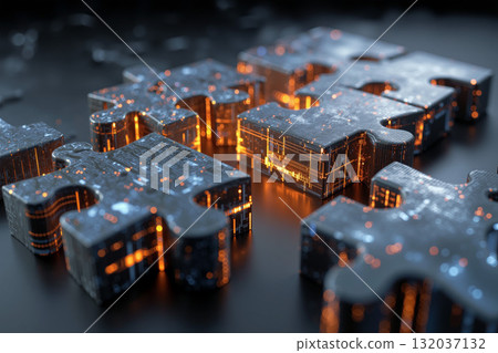 Puzzle pieces transforming into glowing structures showcasing creativity and innovation in a digital environment 132037132