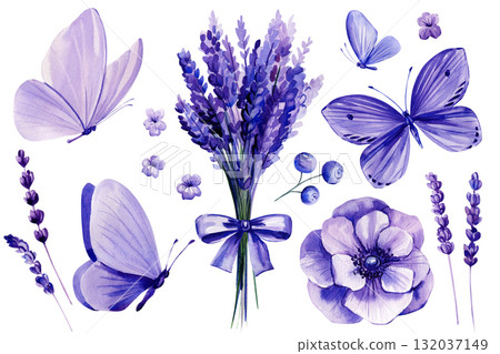 Lavender Watercolor Set with Butterflies, Flowers and Blueberries, Purple Floral Illustration Botanical Clipart Lavender Watercolor Set with Butterflies, Flowers and Blueberries, Purple Floral Illustration Botanical Clipart 132037149
