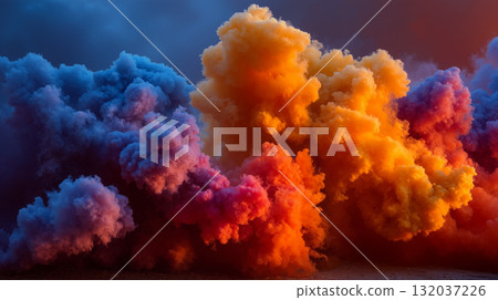 Colorful smoke bomb explodes outdoors creating vibrant clouds of purple, orange, and blue 132037226
