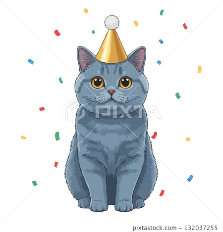 Cute British Shorthair cat in a party hat with confetti Cute British Shorthair cat in a party hat with confetti 132037255