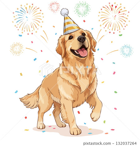 Happy Golden Retriever dog in a party hat celebrating New Year with fireworks Happy Golden Retriever dog in a party hat celebrating New Year with fireworks 132037264