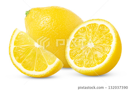 Whole lemon fruit and a half and a slice of lemons on white background. With clipping path. Full depth of field. 132037390
