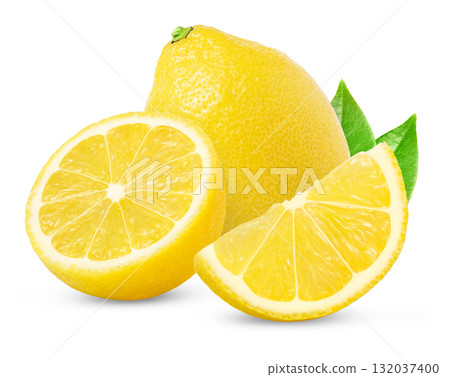 Lemon fruit with half and slice isolated on white background. Yellow lemons with green leaf. 132037400