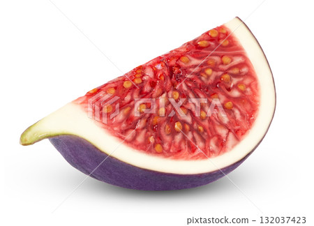 Cut in a slice of ripe fig fruit isolated. Quarter of fig fruit with clipping path. 132037423
