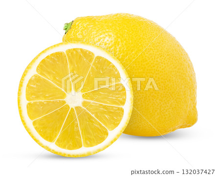 Lemon isolate on white. Lemon fruit whole and a half with clipping path. Lemon isolate on white. Lemon fruit whole and a half with clipping path. 132037427