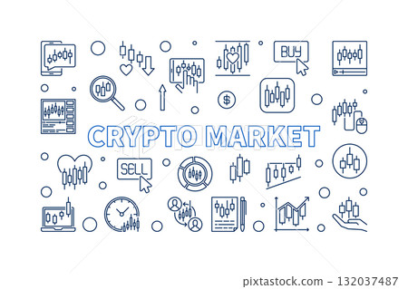 Crypto Market vector Cryptocurrency Trading outline horizontal illustration or banner 132037487