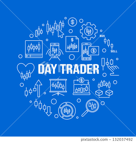Day Trader vector Crypto Trading linear round blue illustration or banner 132037492