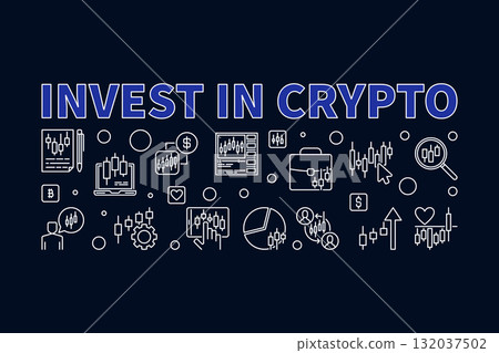Invest in Crypto thin line horizontal banner - vector Investment and Trading illustration 132037502