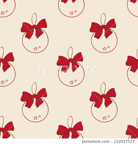 Sealess pattern with red outline Christmas balls and bows 132037527