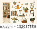 Cozy boho home library with plants books 132037559