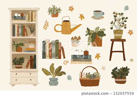 Cozy boho home library with plants books 132037559