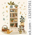 Hand drawn cozy illustration with bookshelf 132037561