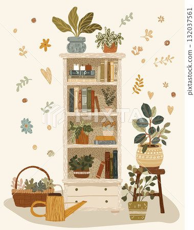 Hand drawn cozy illustration with bookshelf 132037561