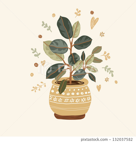 botanical illustration of a rubber plant  132037582