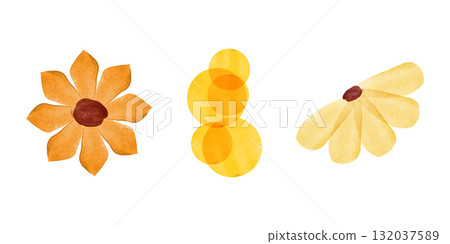 Three distinct watercolor floral illustrations feature vibrant color tones on a white backdrop. One is yellow, one is orange, and one is an abstract stack of orange circles. Three distinct watercolor floral illustrations feature vibrant color tones on a white backdrop. One is yellow, one is orange, and one is an abstract stack of orange circles. 132037589