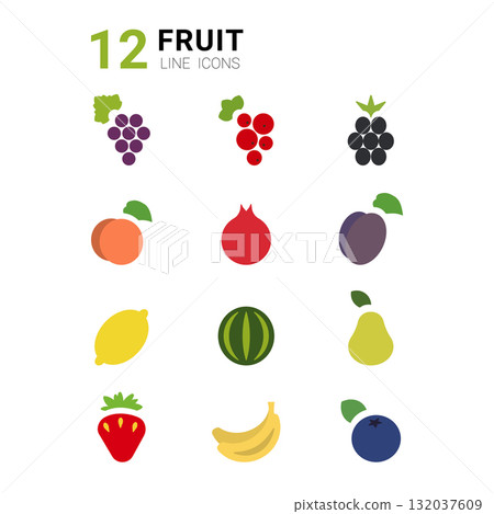 A set of twelve minimalist line icons depicting different fruits, including grapes, peaches, and strawberries. This design showcases the diversity of fruits in a clean, modern style. 132037609