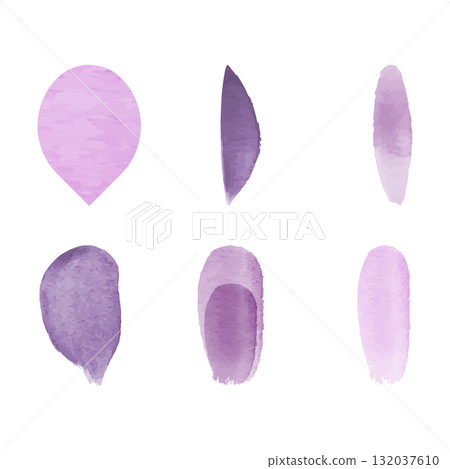 Various shapes of light purple, and darker purple floral petals are displayed in a watercolour illustration. The petals are shown from different angles and perspectives. 132037610