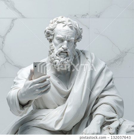 Marble statue of ancient philosopher taking selfie with smartphone in modern setting 132037643